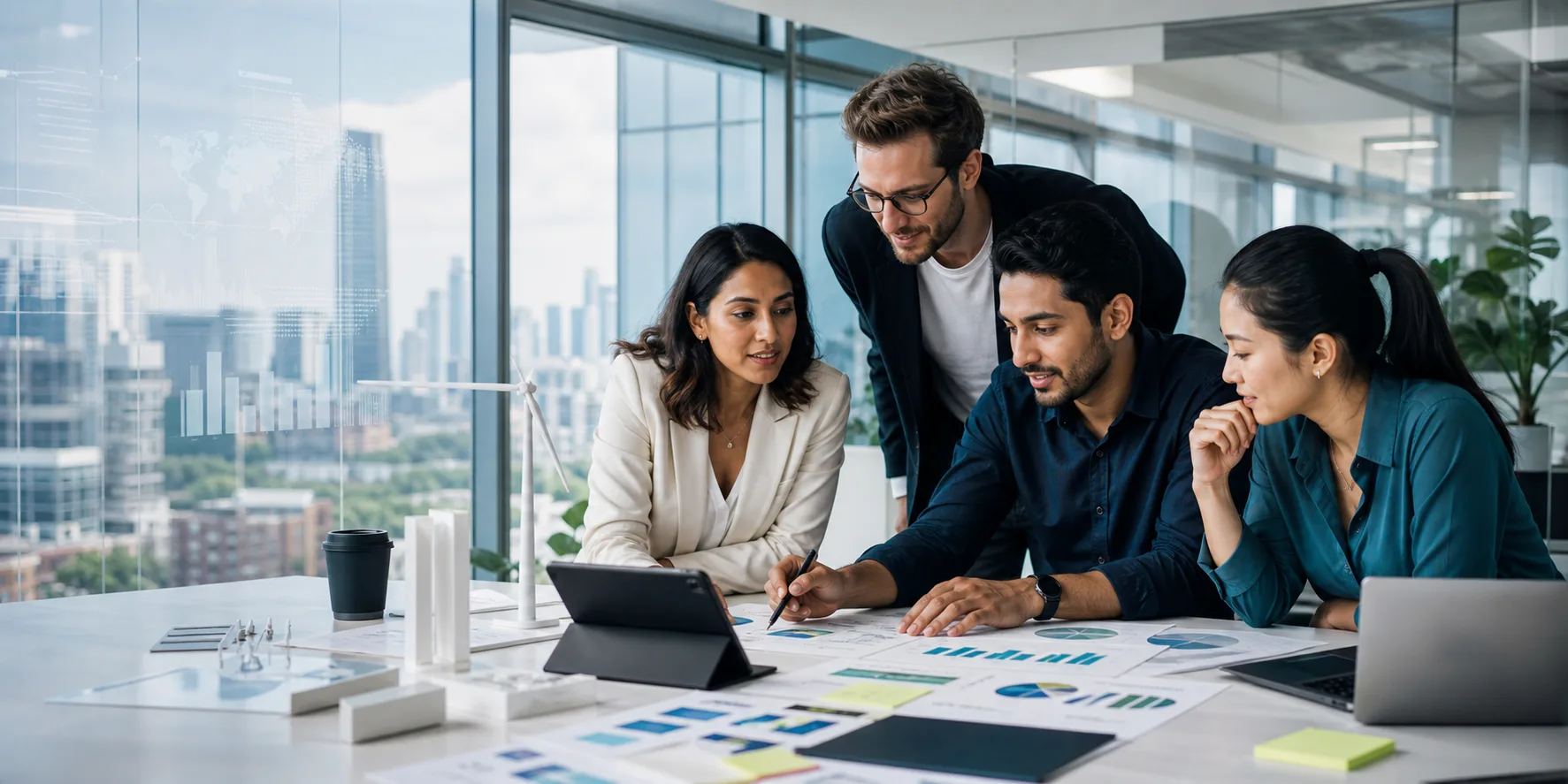 Startup founders reviewing global market strategy